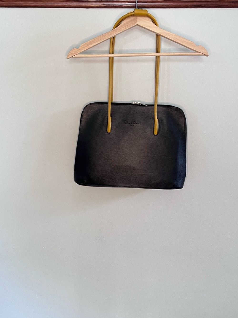 Cleo & Patek Paris Black Pebbled Leather Shoulder Bag Mustard Yellow Handles